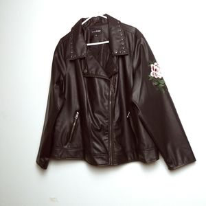 Faux Leather Embroidered Moto Jacket Women's Plus Size 3X Black